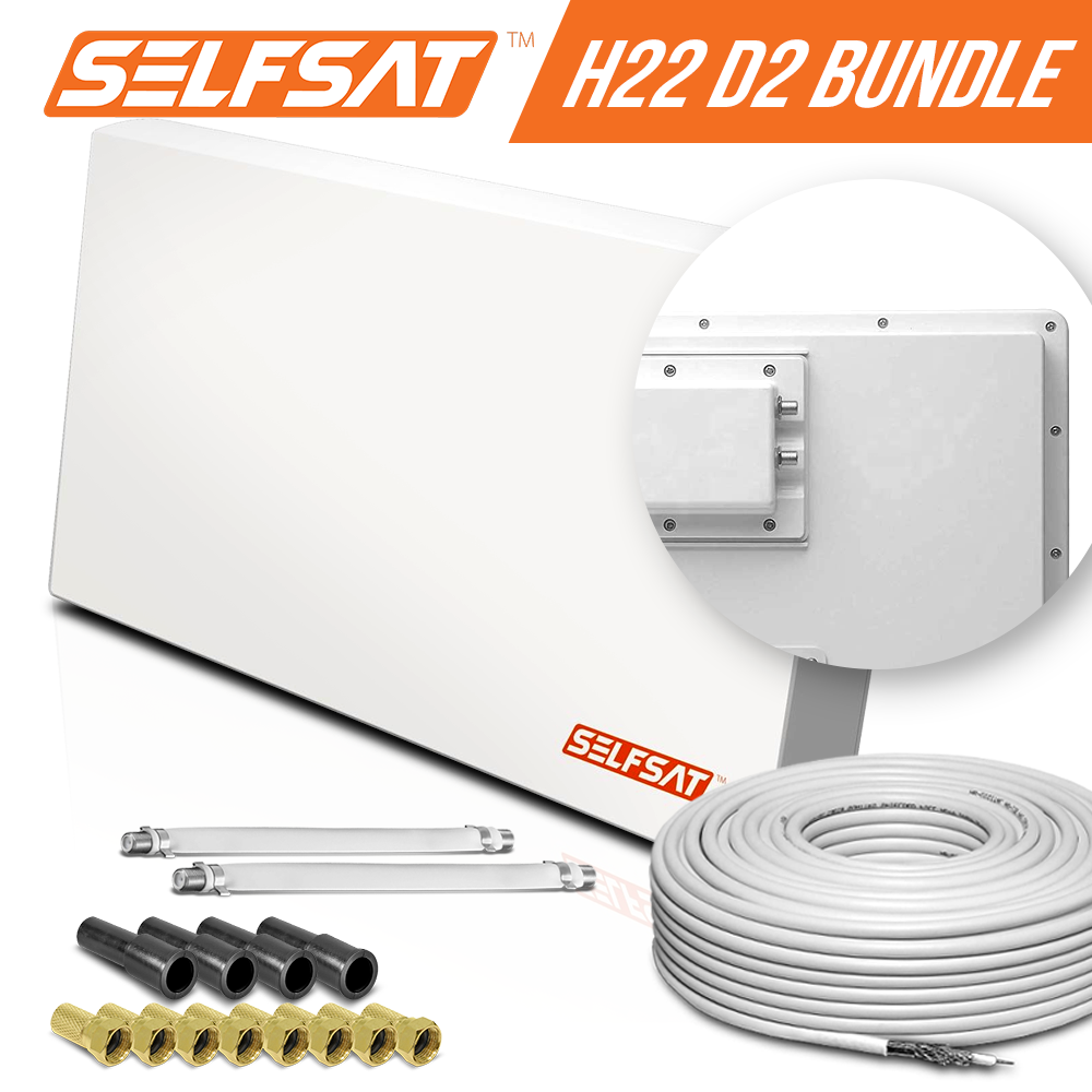 4260408988515 - Selfsat H22D2+ 2 TV Teilnehmer SAT Flachantenne FLAT + Fensterdurchführung + Kabel FULL HD 4K