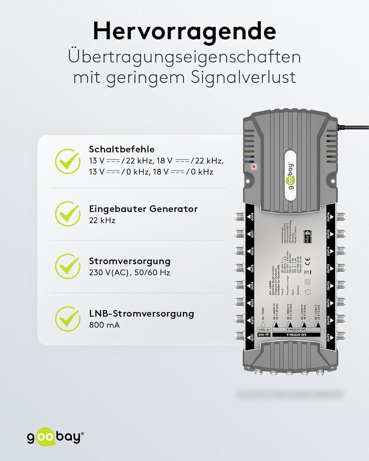 Goobay Sat-Multischalter 9/16 9in/16out silbergrau, Verteiler für max. 16Teilnehmer von 2 Satelliten