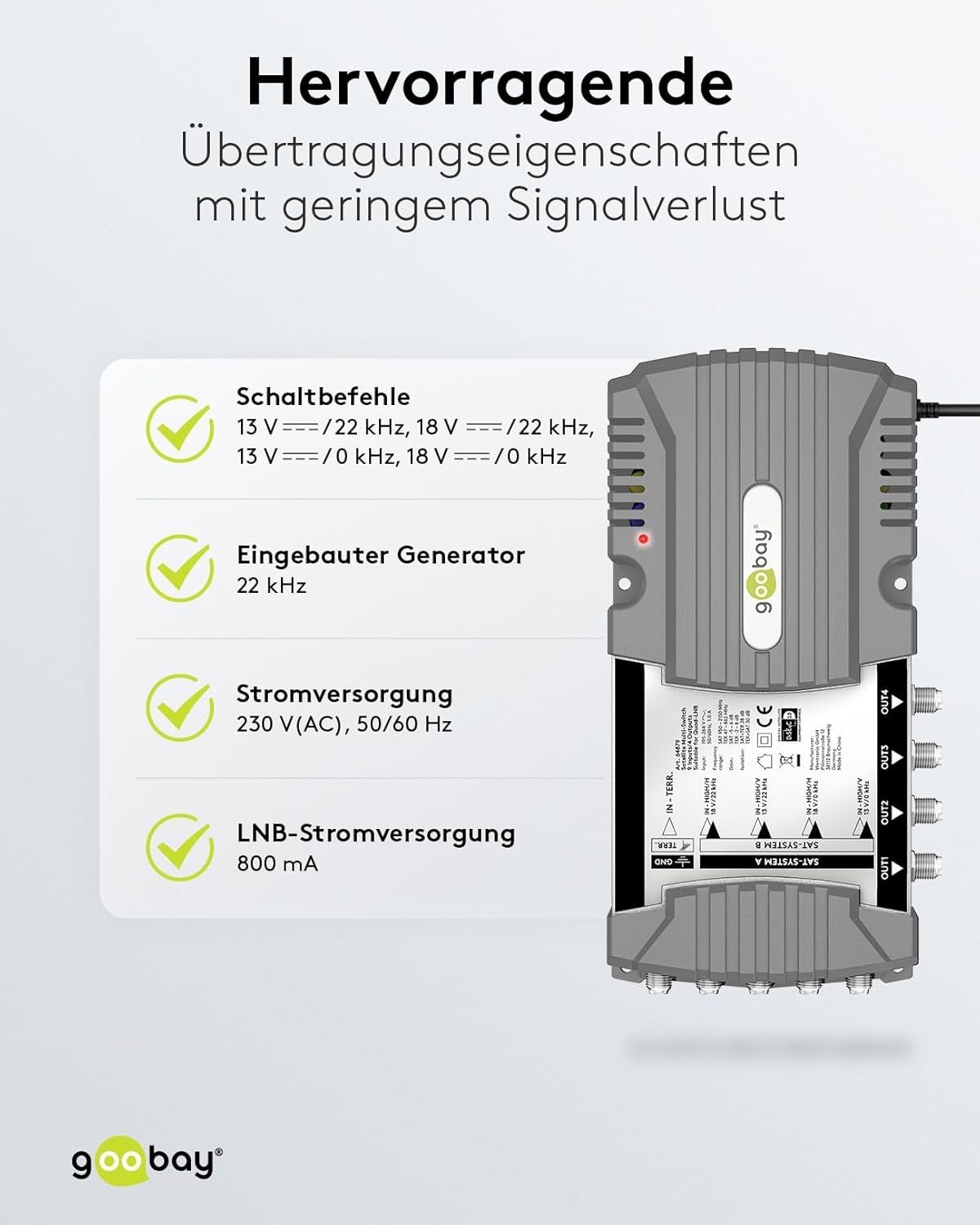 Goobay Sat-Multischalter 9/4 9in/4out silbergrau, Verteiler für max. 4Teilnehmer von 2 Satelliten