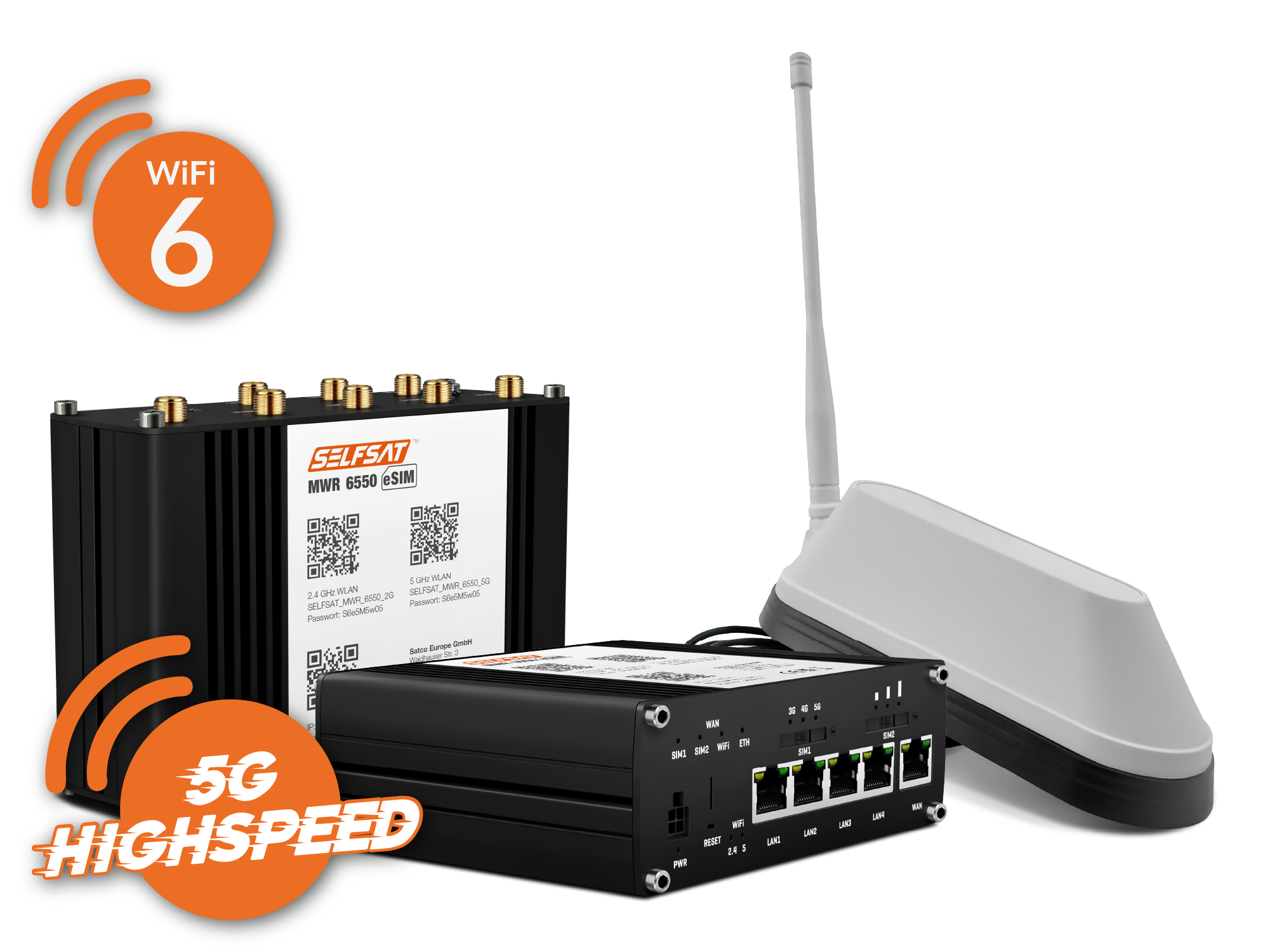 SELFSAT MWR 6550 eSIM 5G Cat 19 WiFi 6 WLAN Router bis 3,4 Gbps inkl. SHARK 5G Antenne weiß