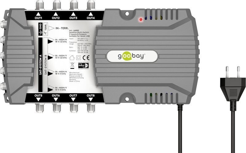 Goobay Sat-Multischalter 9/8 9in/8out silbergrau, Verteiler für max. 8Teilnehmer von 2 Satelliten