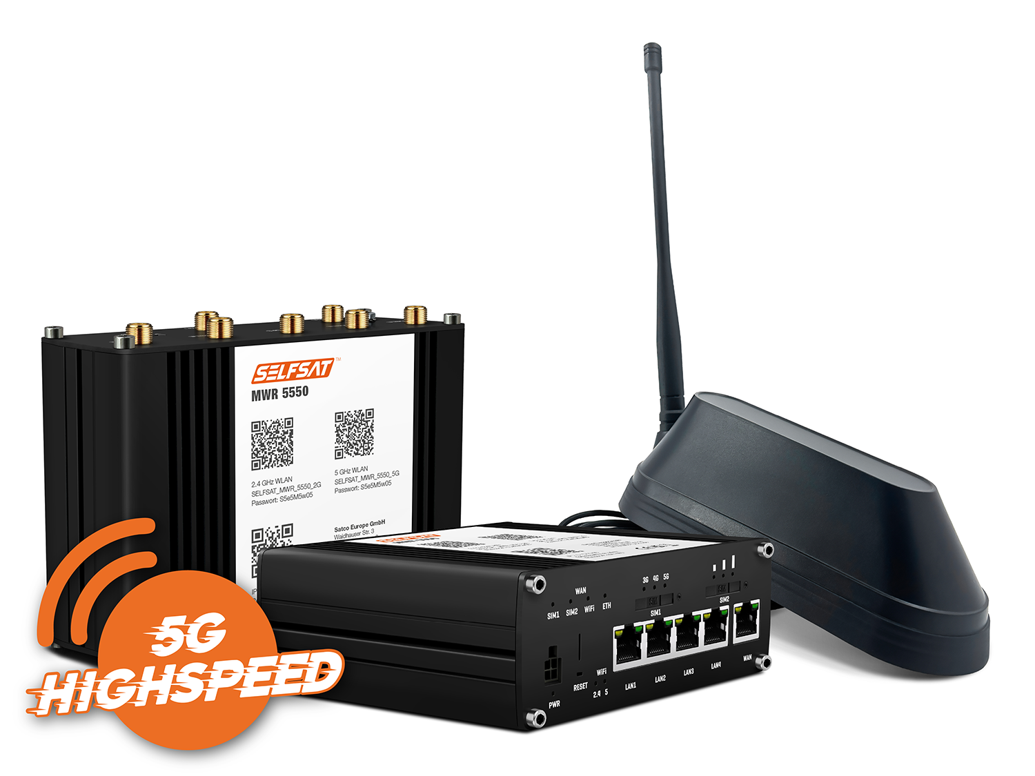 3700433897358 - SELFSAT MWR 5550 5G Cat 20 WLAN Router bis 33 Gbps inkl SHARK 5G Antenne schwarz