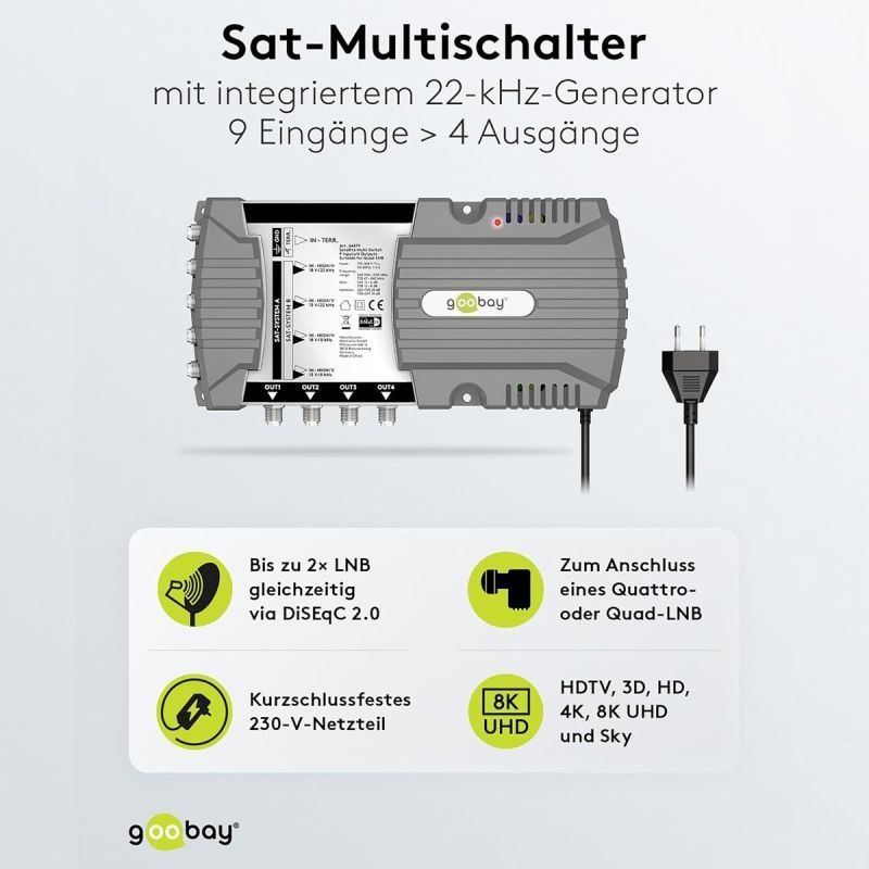 Goobay Sat-Multischalter 9/4 9in/4out silbergrau, Verteiler für max. 4Teilnehmer von 2 Satelliten