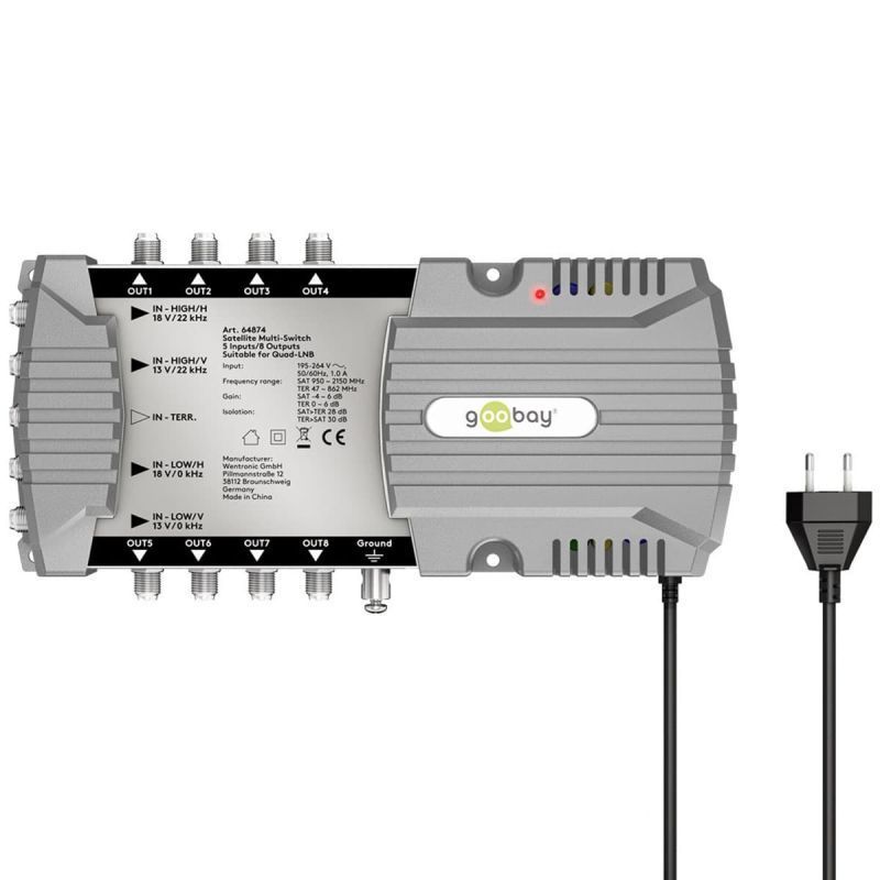 Goobay Sat-Multischalter 5/8 5in/8out silbergrau, Verteiler für max. 8 Teilnehmer von 1 Satelliten