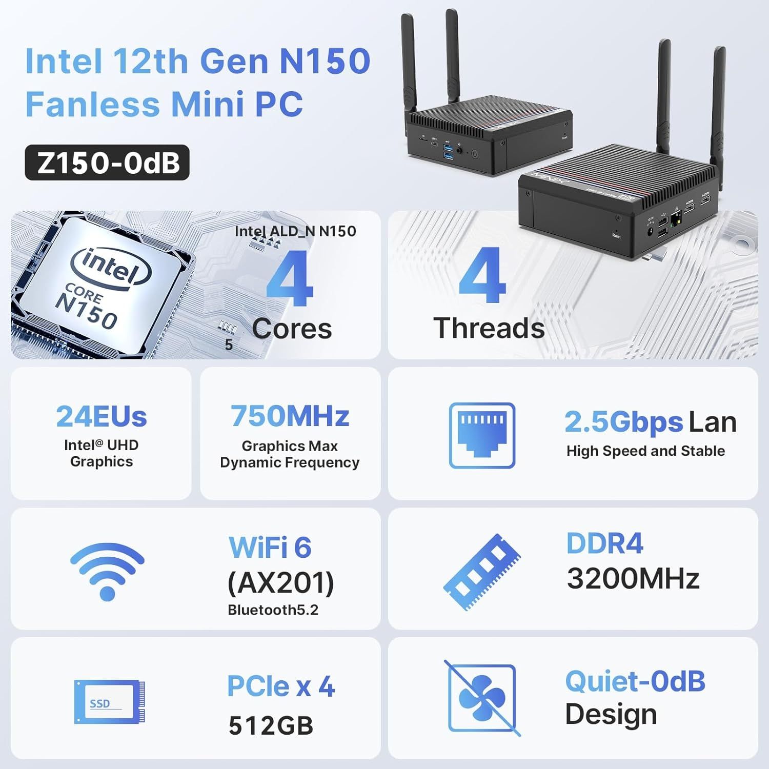 MINIX NEO Z150-0dB Mini PC, Intel N150, 16GB DDR4, 512GB M.2 PCIe Gen3 x 4 NVMe SSD Windows 11 Pro