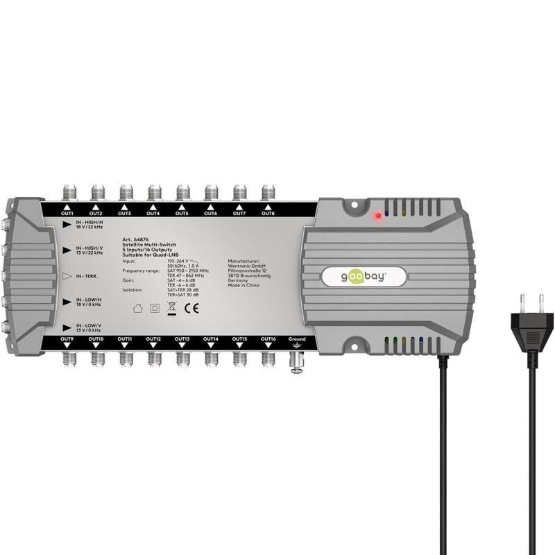 Goobay Sat-Multischalter 5/16 5in/16out silbergrau, Verteiler für max. 16Teilnehmer von 1 Satelliten