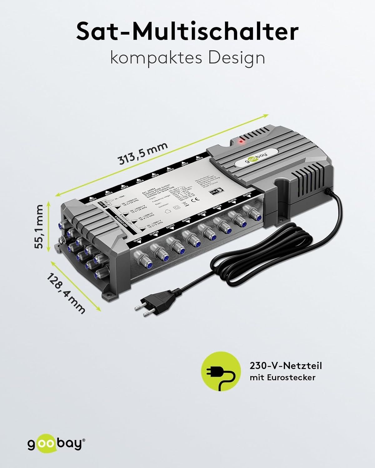 Goobay Sat-Multischalter 9/16 9in/16out silbergrau, Verteiler für max. 16Teilnehmer von 2 Satelliten