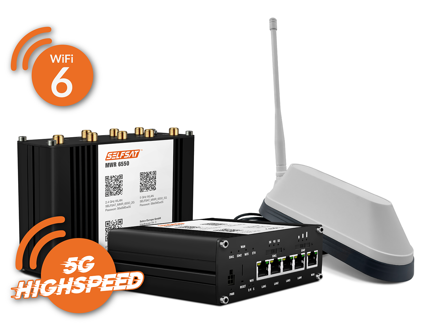 3700433897402 - SELFSAT MWR 6550 5G Cat 19 WiFi 6 WLAN Router bis 34 Gbps inkl SHARK 5G Antenne weiß