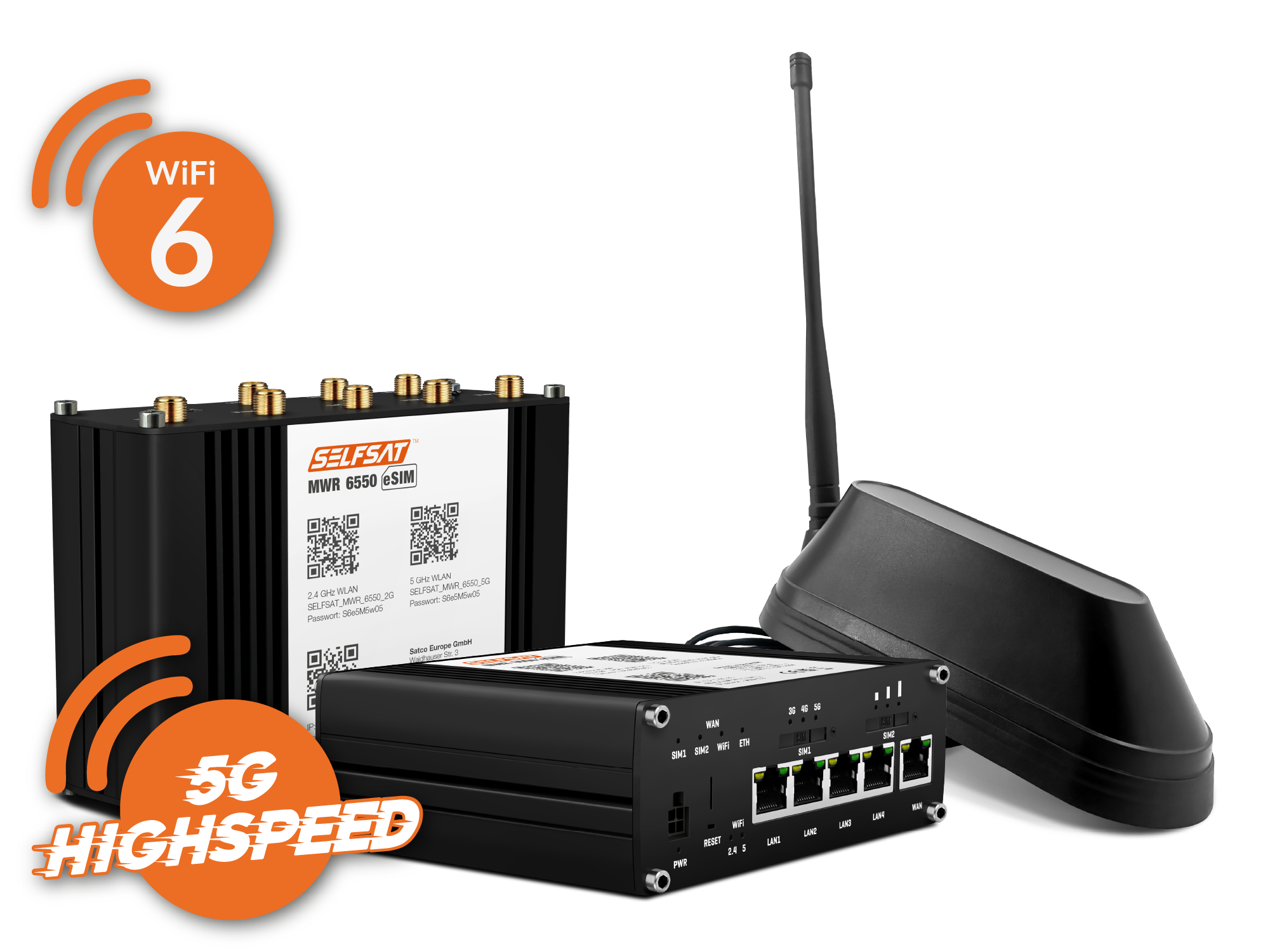 3700433897396 - SELFSAT MWR 6550 eSIM 5G Cat 19 WiFi 6 WLAN Router bis 34 Gbps inkl SHARK 5G Antenne schwarz