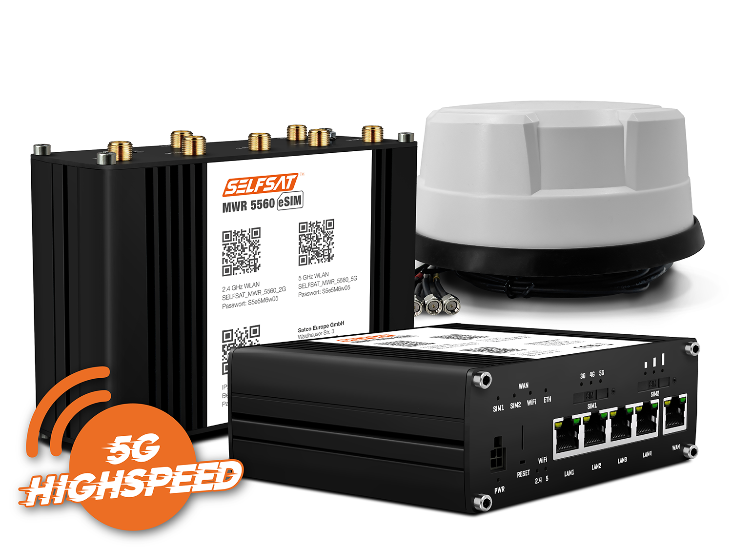 SELFSAT MWR 5560 eSIM 5G Cat 20 WLAN Router bis 3,4 Gbps inkl. Panorama Antenne weiß