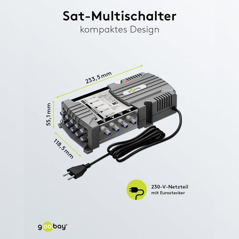 Goobay Sat-Multischalter 9/4 9in/4out silbergrau, Verteiler für max. 4Teilnehmer von 2 Satelliten