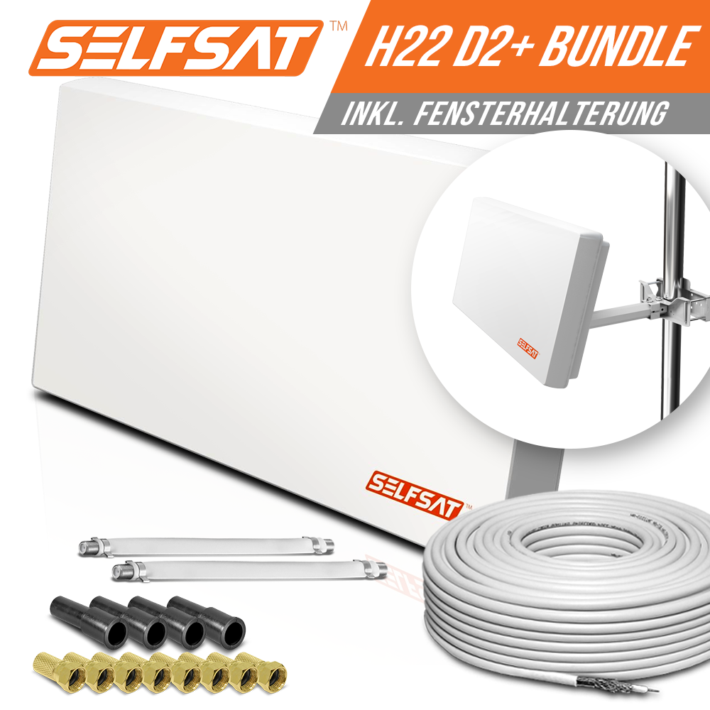 I DO IT Selfsat H22D2+ 2 TV Teilnehmer SAT Flachantenne FLAT + Fensterdurchführung FULL HD