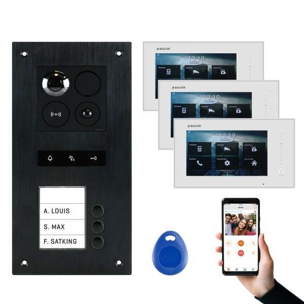 0663140855833 - BALTER ERA Schwarz RFID 2-Draht BUS IP 7 WiFi Video Türstation iOS Android App für 3 Familienhaus
