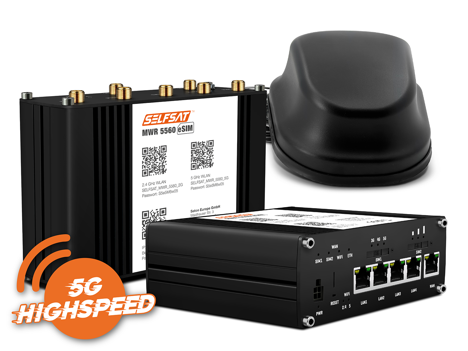 3700433897471 - SELFSAT MWR 5560 eSIM 5G Cat 20 WLAN Router bis 34 Gbps inkl SELFSAT 5G Antenne schwarz 3700433897471 - SELFSAT MWR 5560 eSIM 5G Cat 20 WLAN Router bis 34 Gbps inkl SELFSAT 5G Antenne schwarz