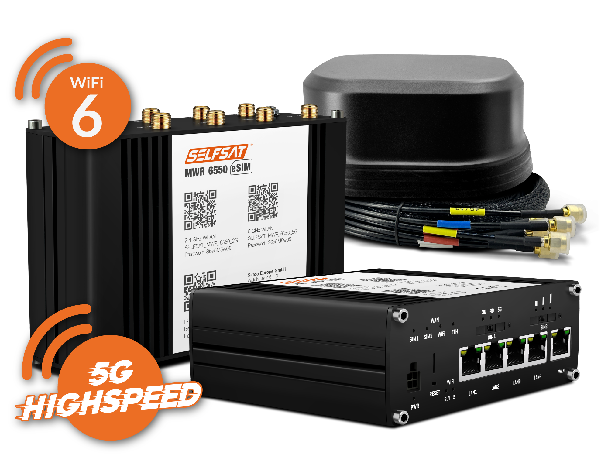 SELFSAT MWR 6550 eSIM 5G Cat 19 WiFi 6 WLAN Router bis 3,4 Gbps inkl. SATCO 5G Antenne schwarz