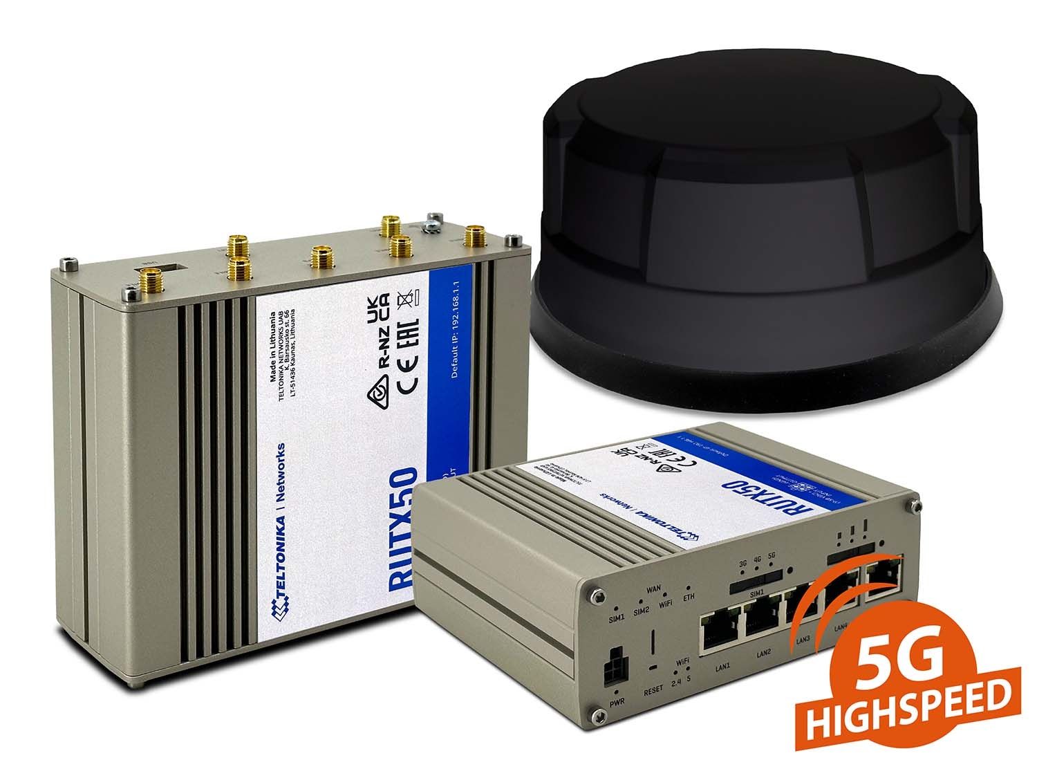 4260704122026 - Teltonika RUTX50 mit Panorama Antenne schwarz (4 x 5G 4G 2 x WLAN 1 x GPS 1 m Kabel) 4260704122026 - Teltonika RUTX50 mit Panorama Antenne schwarz (4 x 5G 4G 2 x WLAN 1 x GPS 1 m Kabel)