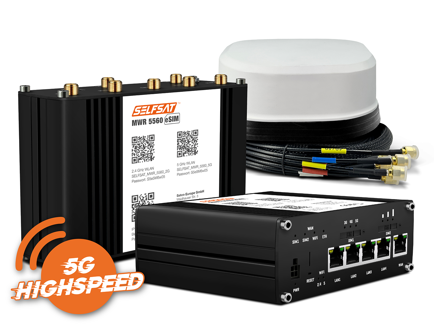 SELFSAT MWR 5560 eSIM 5G Cat 20 WLAN Router bis 3,4 Gbps inkl. SATCO 5G Antenne weiß