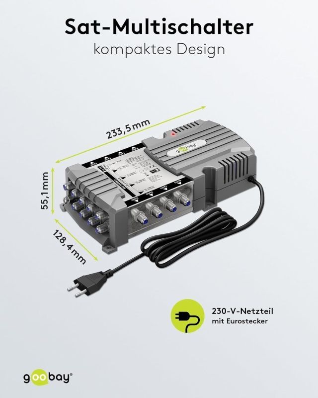 Goobay Sat-Multischalter 9/8 9in/8out silbergrau, Verteiler für max. 8Teilnehmer von 2 Satelliten