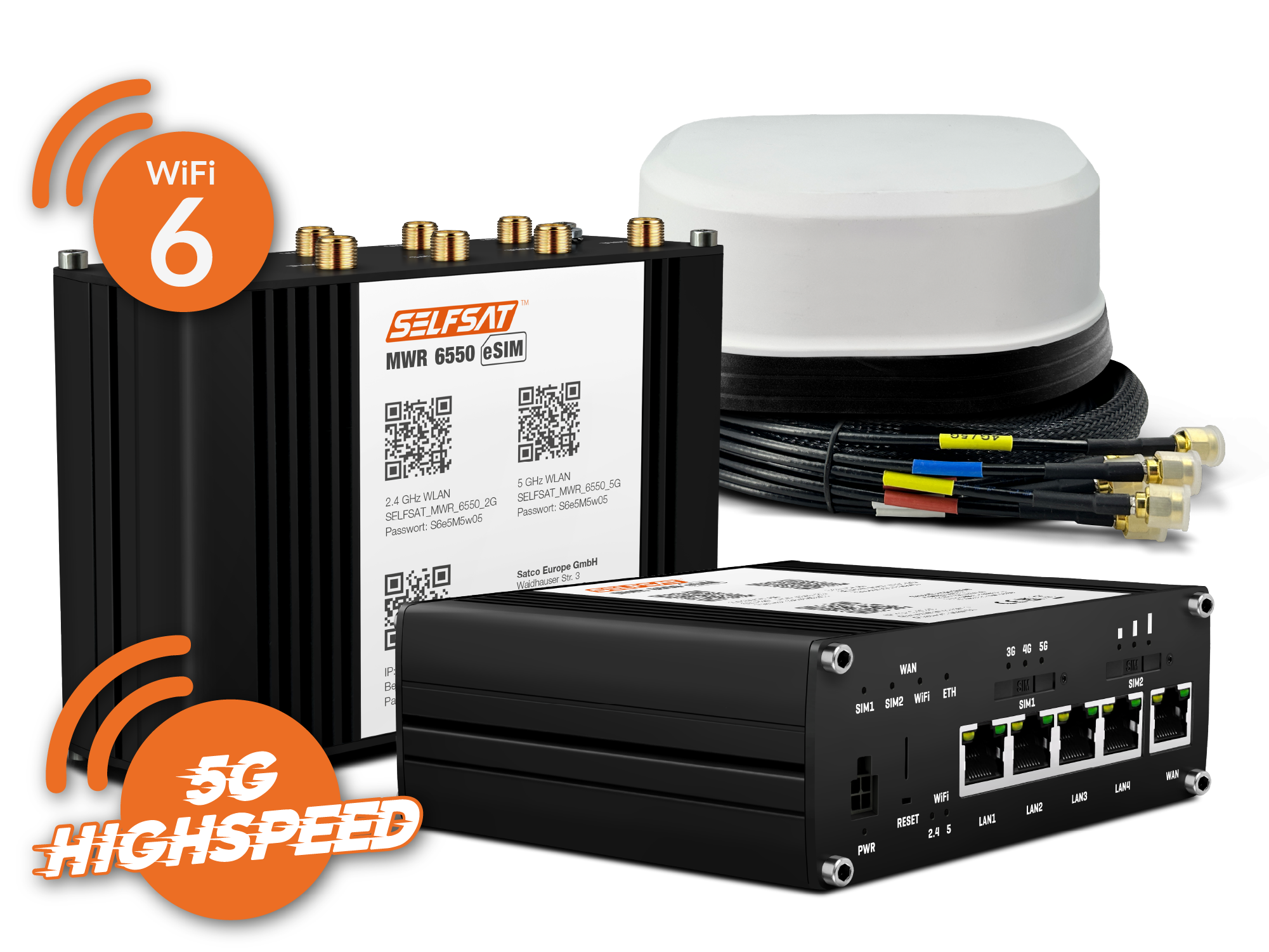 SELFSAT MWR 6550 eSIM 5G Cat 19 WiFi 6 WLAN Router bis 3,4 Gbps inkl. SATCO 5G Antenne weiß