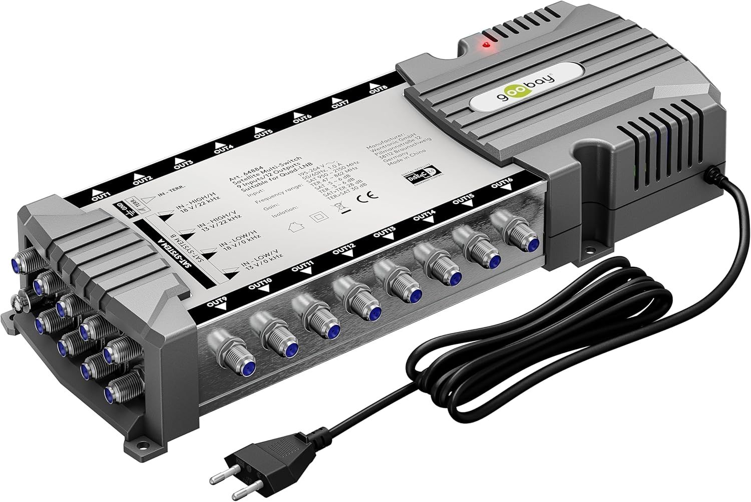 Goobay Sat-Multischalter 9/16 9in/16out silbergrau, Verteiler für max. 16Teilnehmer von 2 Satelliten