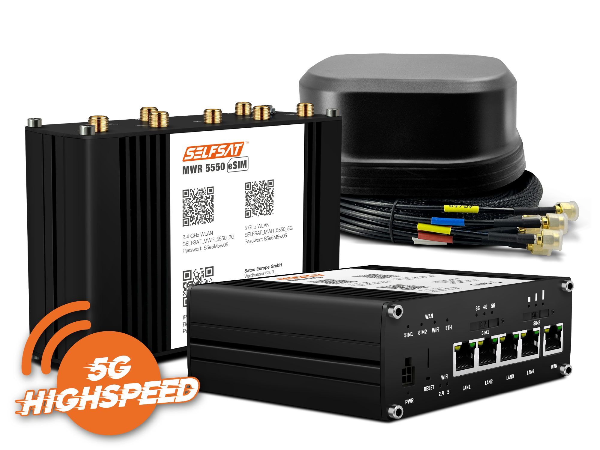 SELFSAT MWR 5550 eSIM 5G Cat 20 WLAN Router bis 3,3 Gbps inkl. SATCO 5G Antenne schwarz