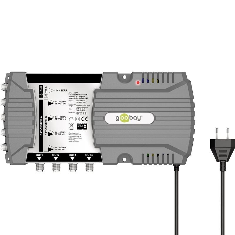 Goobay Sat-Multischalter 9/4 9in/4out silbergrau, Verteiler für max. 4Teilnehmer von 2 Satelliten
