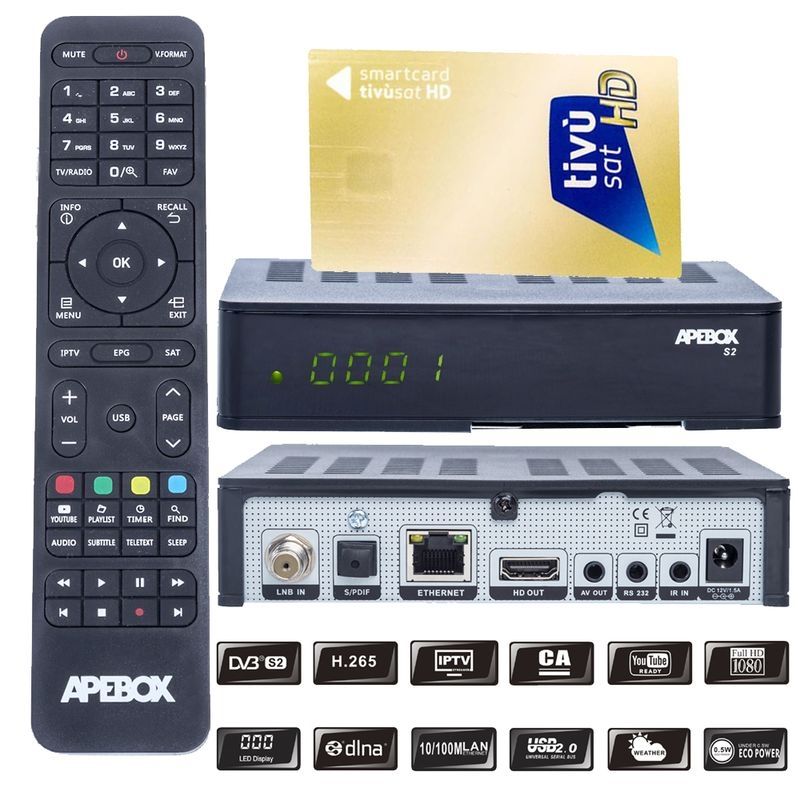 Apebox S2 Full HD H.265 LAN DVB-S2 Sat Receiver mit HD TIVUSAT Karte aktiviert Apebox S2 Full HD H.265 LAN DVB-S2 Sat Receiver mit HD TIVUSAT Karte aktiviert
