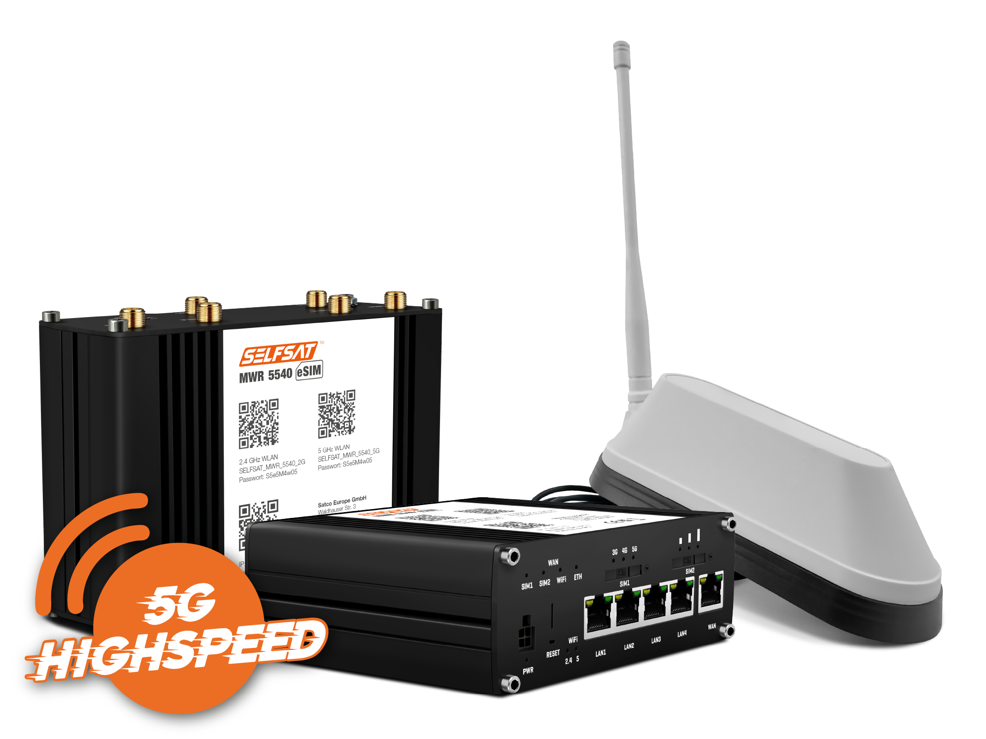 SELFSAT MWR 5540 eSIM 5G Cat 12 WLAN Router bis 2,6 Gbps inkl. SHARK 5G Antenne weiß