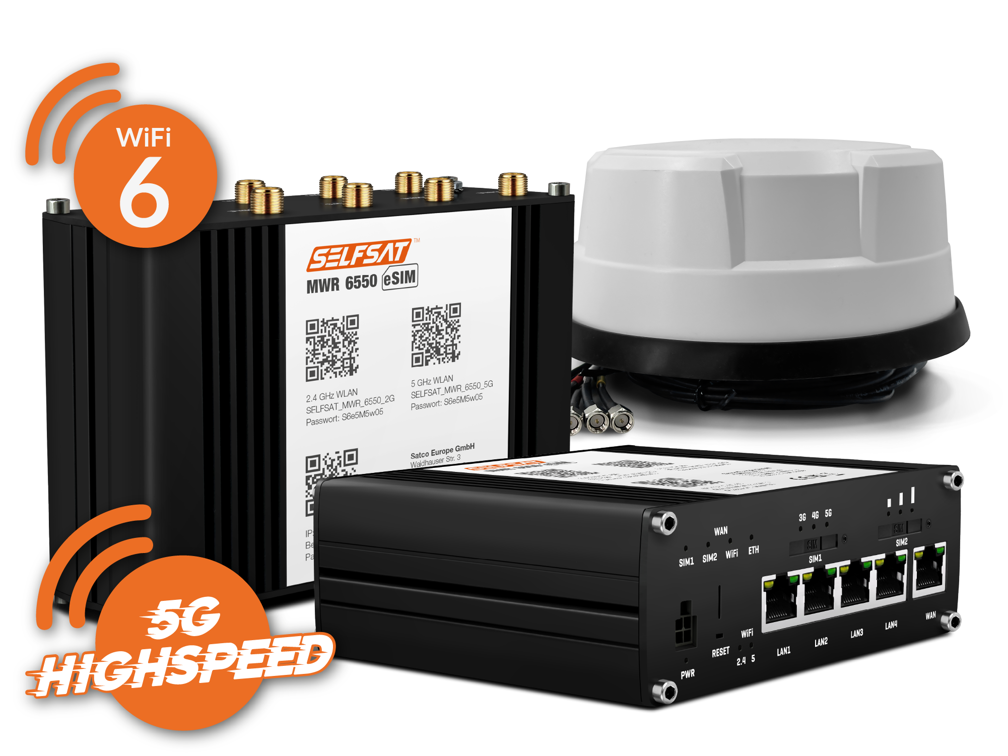 SELFSAT MWR 6550 eSIM 5G Cat 19 WiFi 6 WLAN Router bis 3,4 Gbps inkl. Panorama Antenne weiß