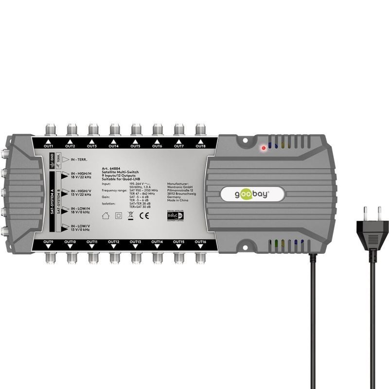 Goobay Sat-Multischalter 9/16 9in/16out silbergrau, Verteiler für max. 16Teilnehmer von 2 Satelliten
