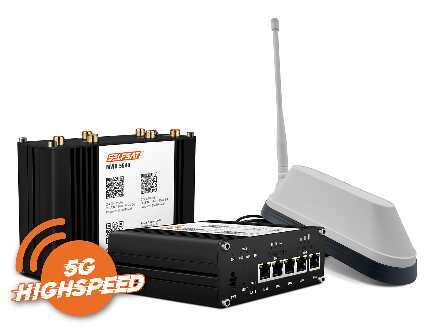 SELFSAT MWR 5540 5G Cat 12 WLAN Router bis 2,6 Gbps inkl. SHARK 5G Antenne weiß