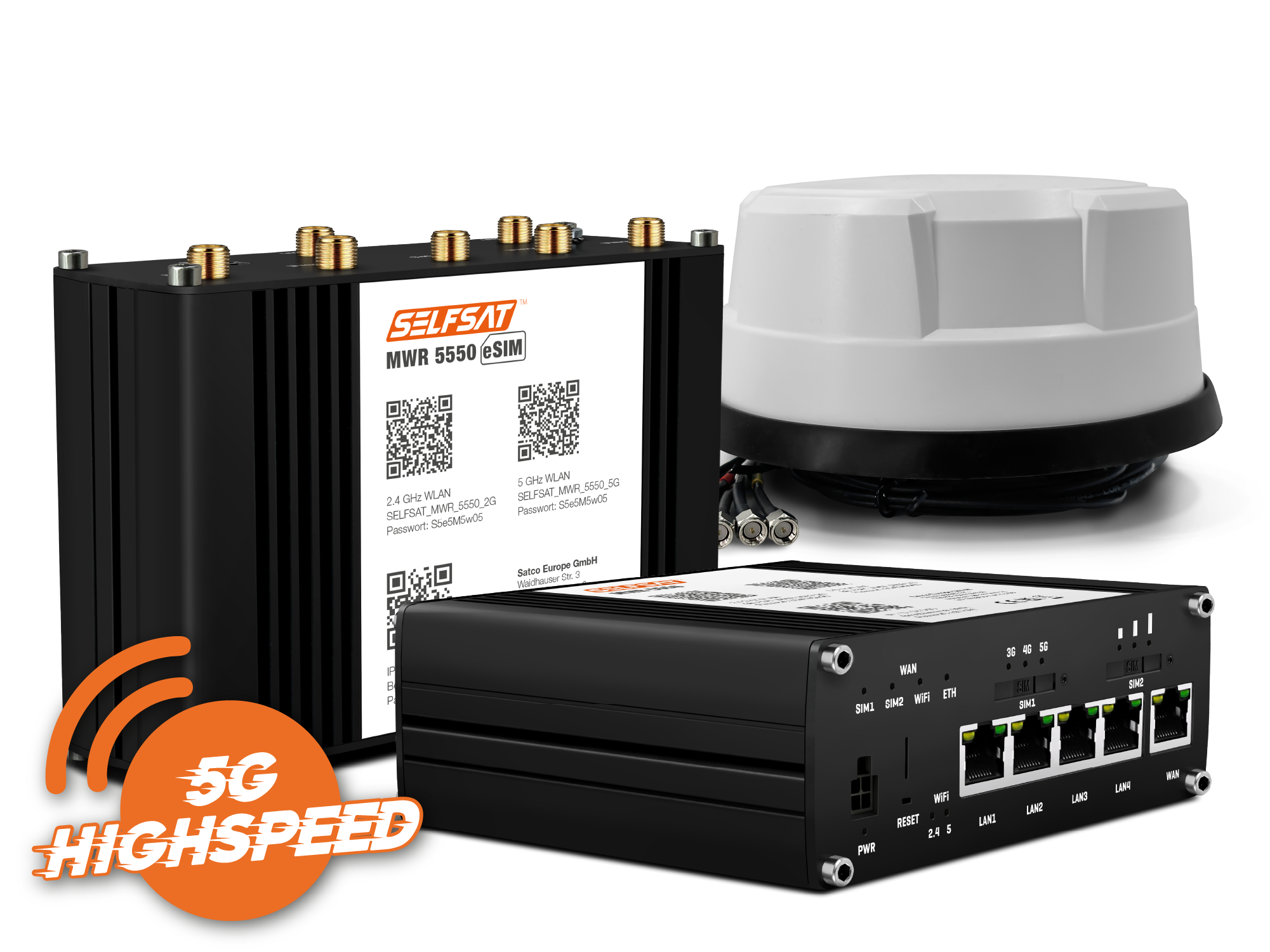 SELFSAT MWR 5550 eSIM mit Panorama Antenne weiß (4 x 5G/4G, 2 x WLAN, 1 x GPS, 1 m Kabel)