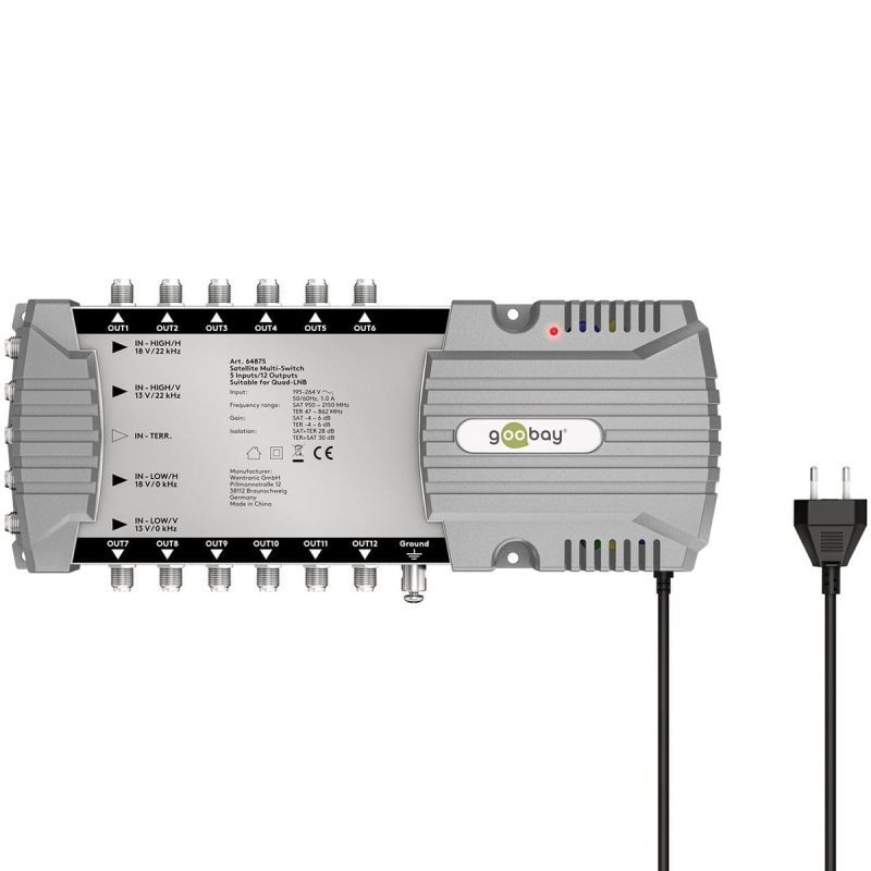Goobay Sat-Multischalter 5/12 5in/12out silbergrau, Verteiler für max. 12Teilnehmer von 1 Satelliten