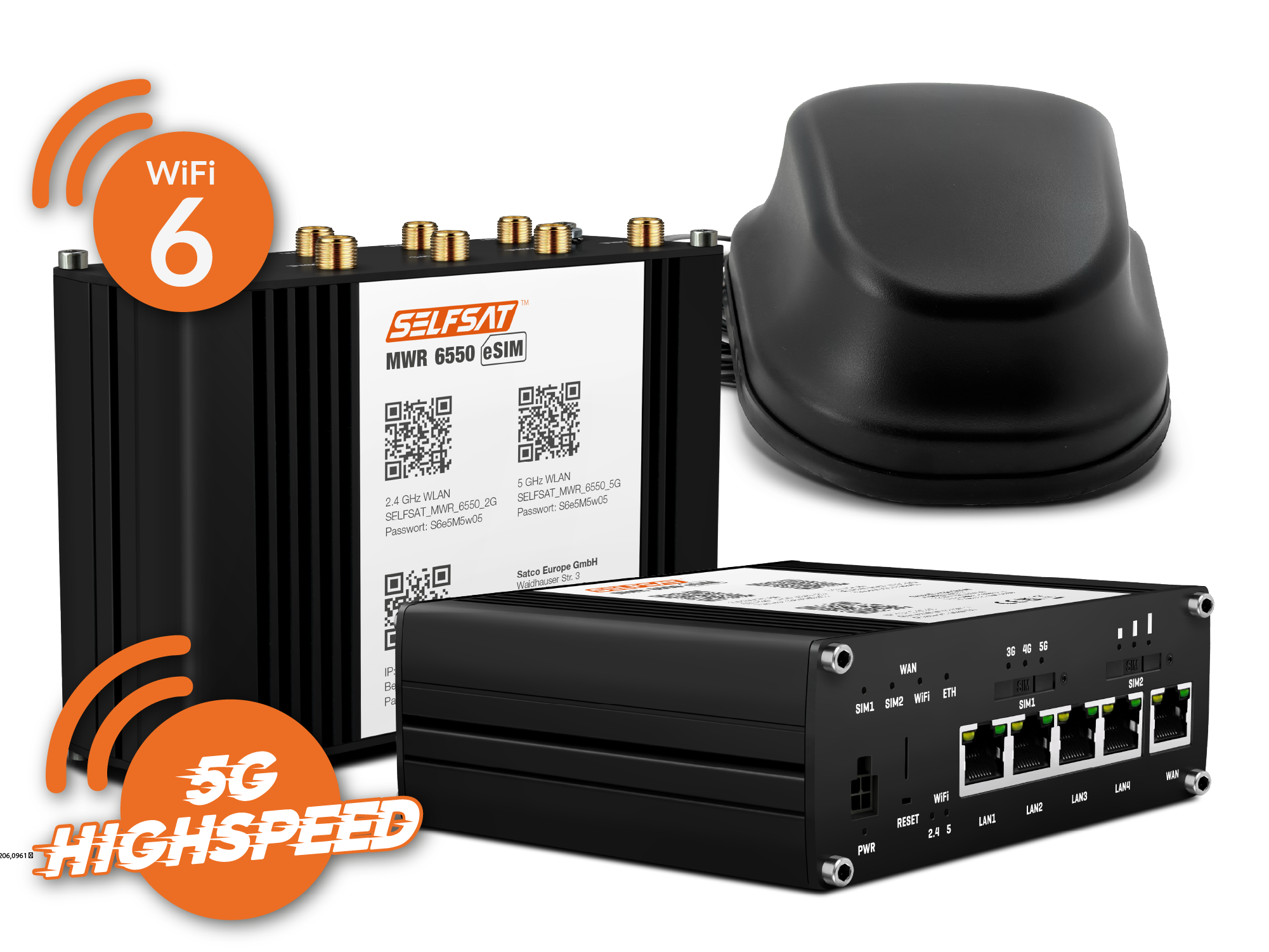 SELFSAT MWR 6550 eSIM 5G Cat 19 WiFi 6 WLAN Router bis 3,4 Gbps inkl. SELFSAT 5G Antenne schwarz