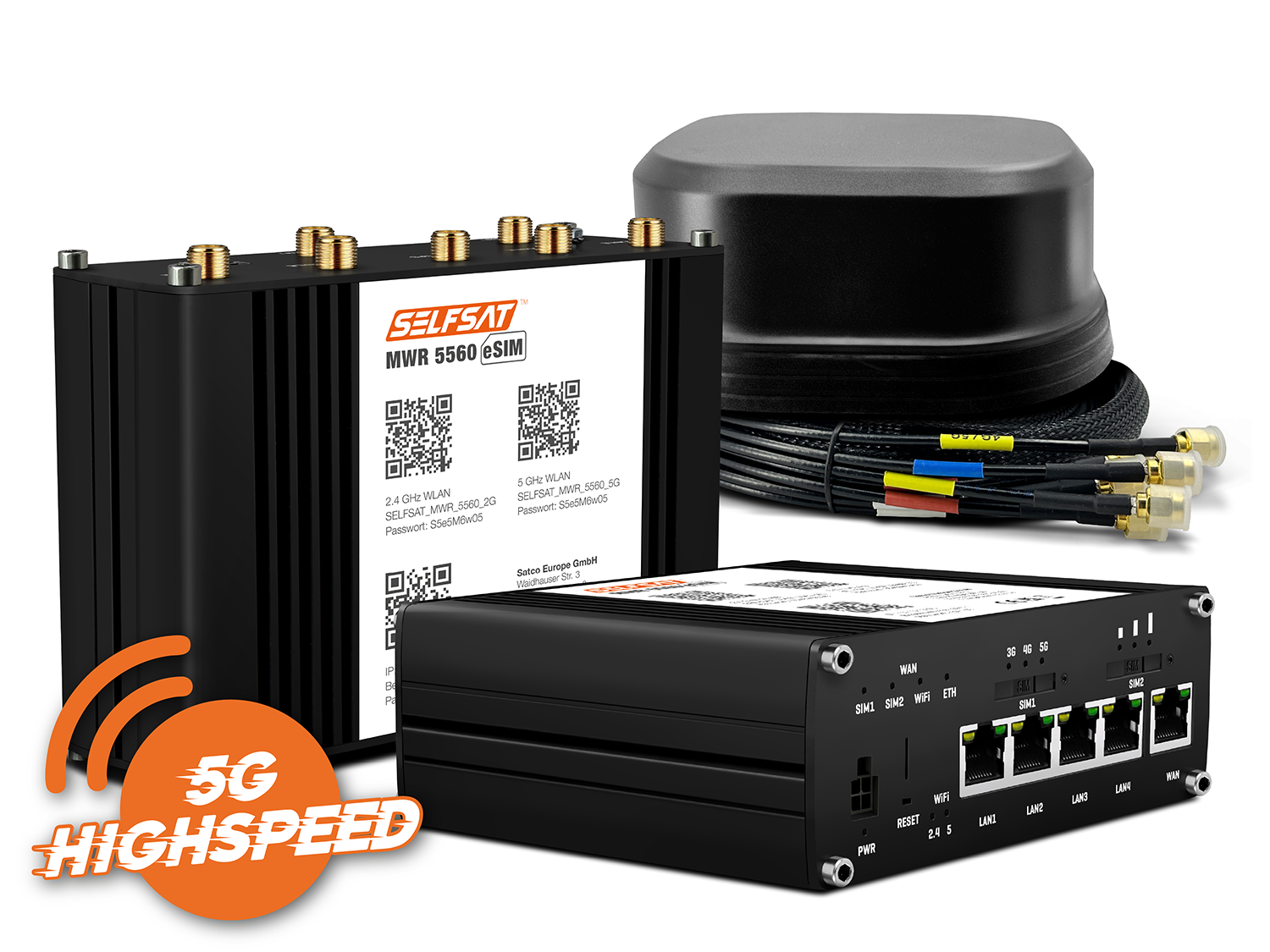 SELFSAT MWR 5560 eSIM 5G Cat 20 WLAN Router bis 3,4 Gbps inkl. SATCO 5G Antenne schwarz