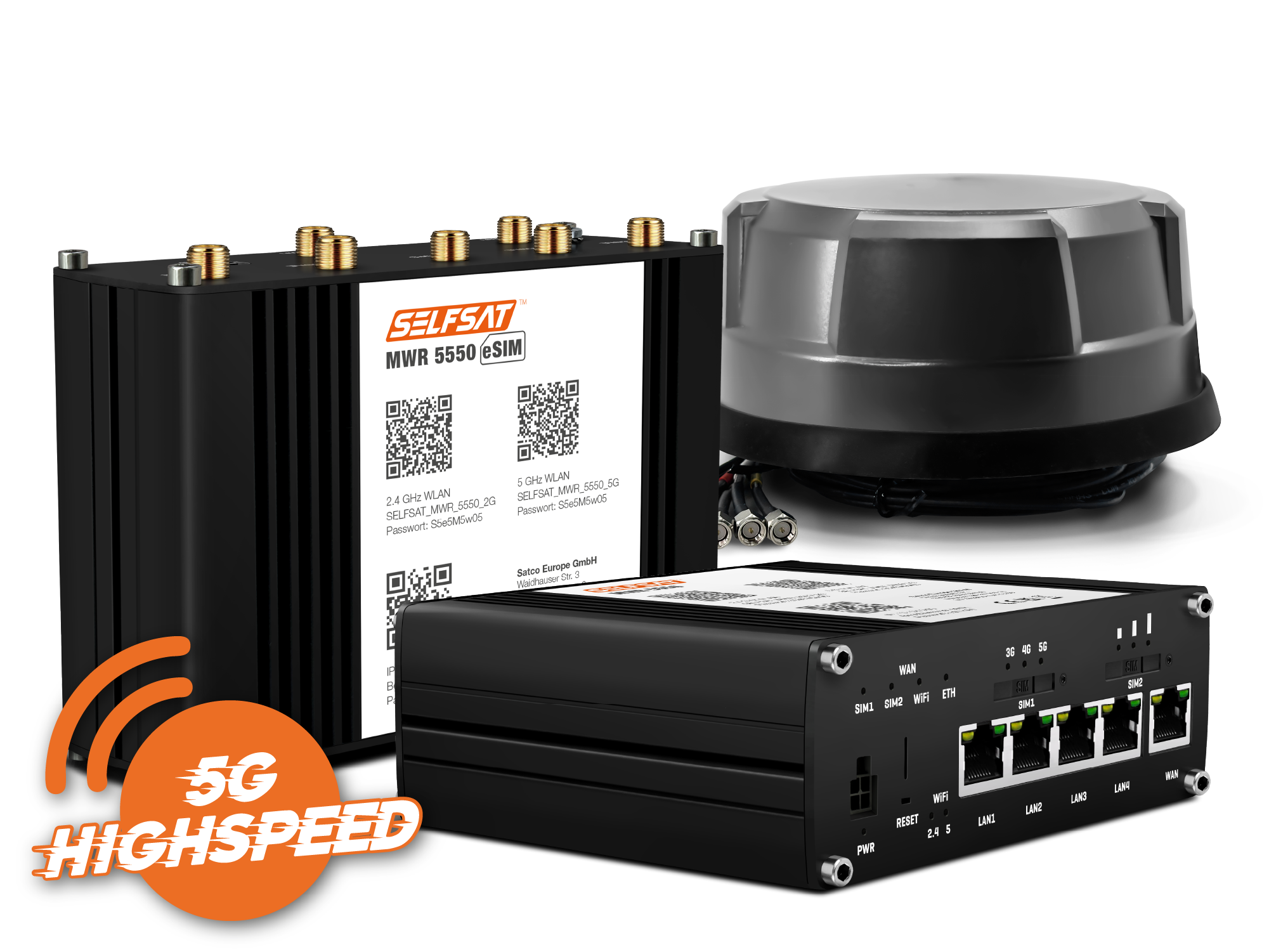 SELFSAT MWR 5550 eSIM mit Panorama Antenne schwarz (4 x 5G/4G, 2 x WLAN, 1 x GPS, 1 m Kabel)