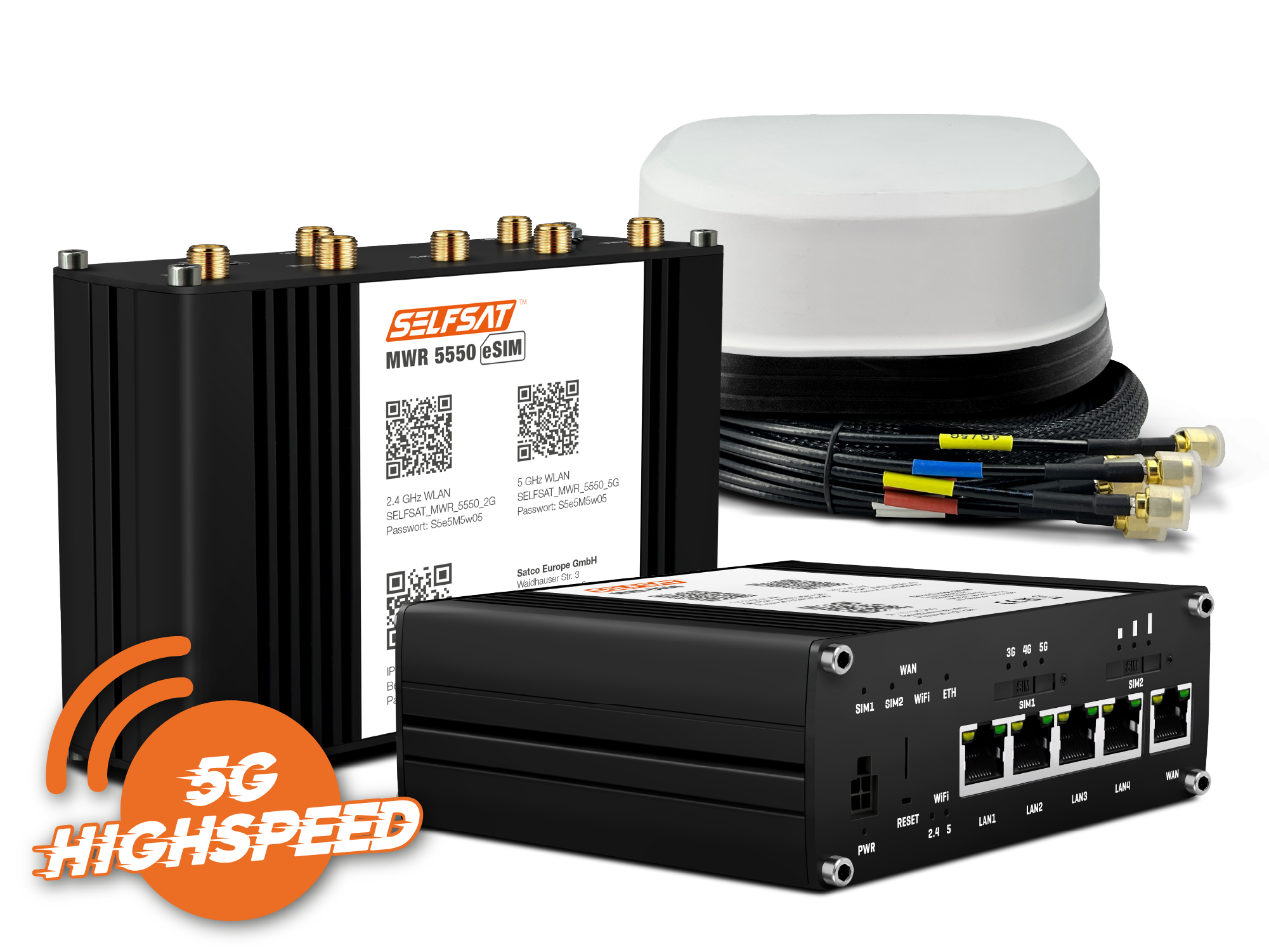 SELFSAT MWR 5550 eSIM 5G Cat 20 WLAN Router bis 3,3 Gbps inkl. SATCO 5G Antenne weiß