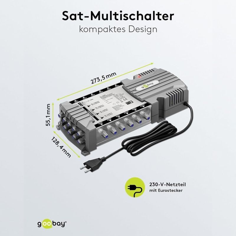 Goobay Sat-Multischalter 9/12 9in/12out silbergrau, Verteiler für max. 12Teilnehmer von 2 Satelliten