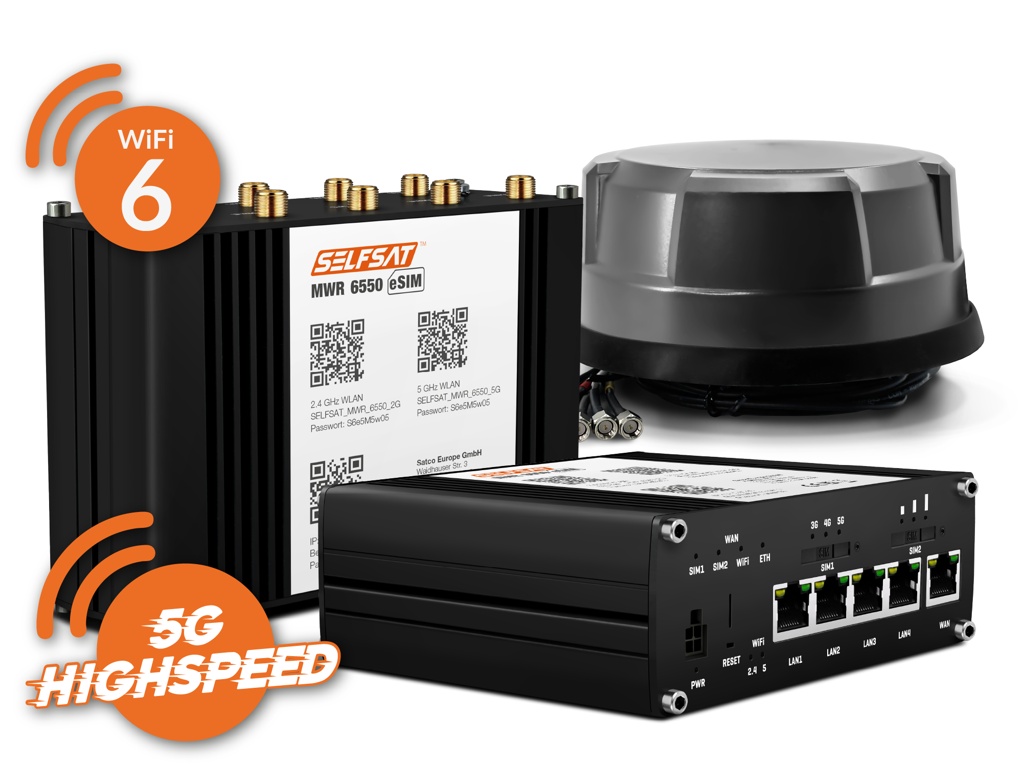 SELFSAT MWR 6550 eSIM 5G Cat 19 WiFi 6 WLAN Router bis 3,4 Gbps inkl. Panorama Antenne schwarz