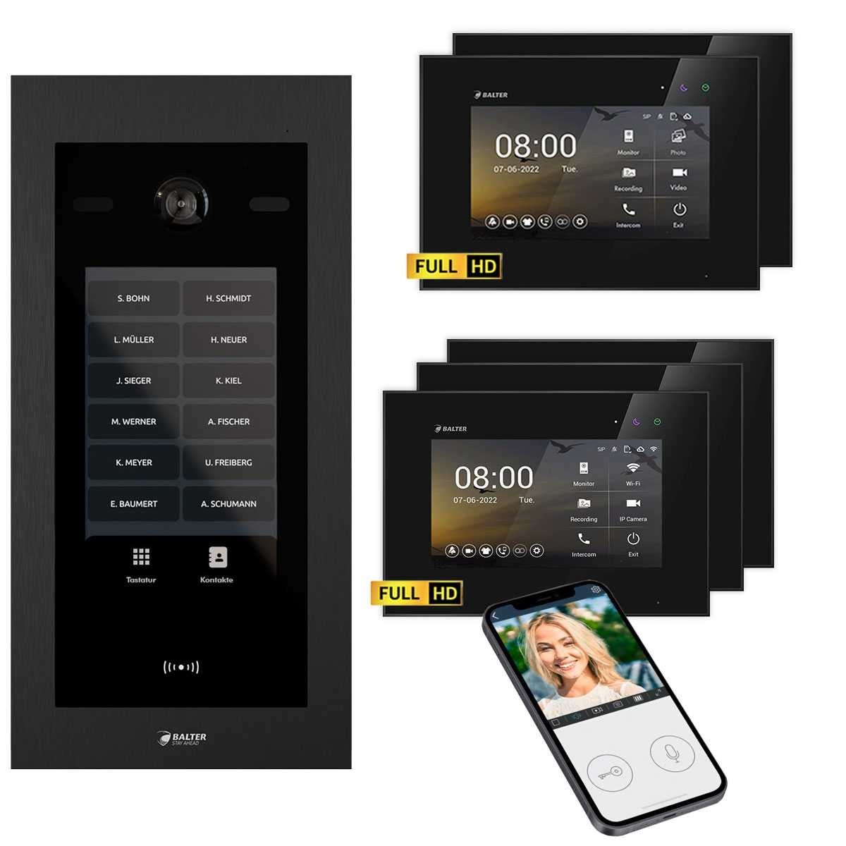 4255573310599 - Balter EVO HD Touch Video Türsprechanlage Ein- & Mehrfamilienhaus Schwarz 3x 7 Monitor WiFi + 2x 7 M 4255573310599 - Balter EVO HD Touch Video Türsprechanlage Ein- & Mehrfamilienhaus Schwarz 3x 7 Monitor WiFi + 2x 7 M