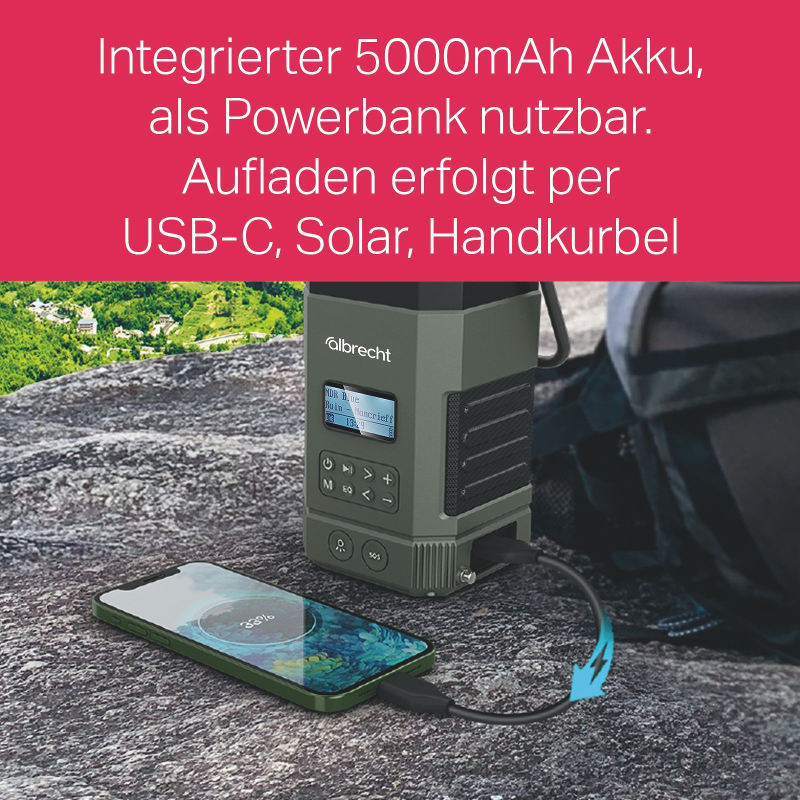 Albrecht DR 114 DAB+ Outdoor-Radio mit Camping-Lampe, UKW, SOS, Taschenlampe, Solar, PowerBank