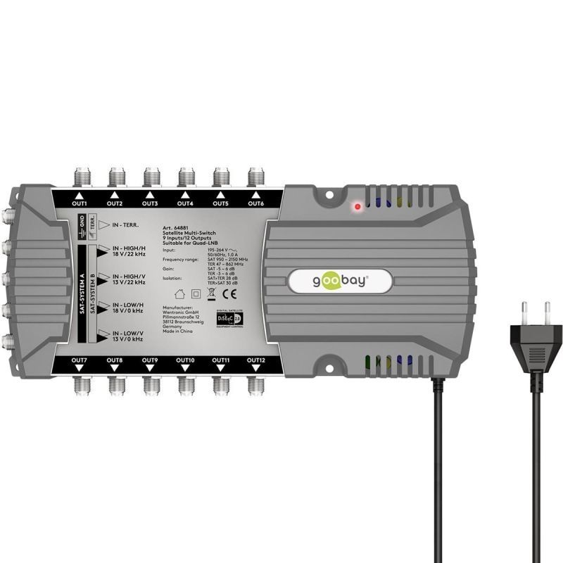 Goobay Sat-Multischalter 9/12 9in/12out silbergrau, Verteiler für max. 12Teilnehmer von 2 Satelliten
