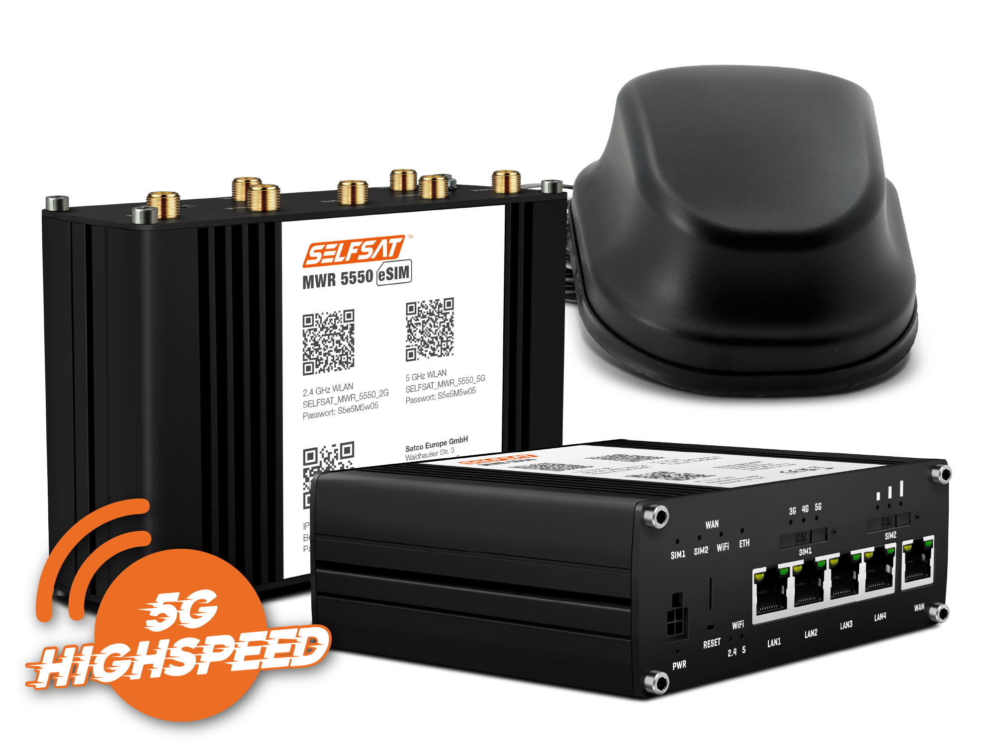 SELFSAT MWR 5550 eSIM ( 4G / LTE / 5G & WLAN Internet Router bis 3,3 Gbps inkl. 5G Dachantenne )