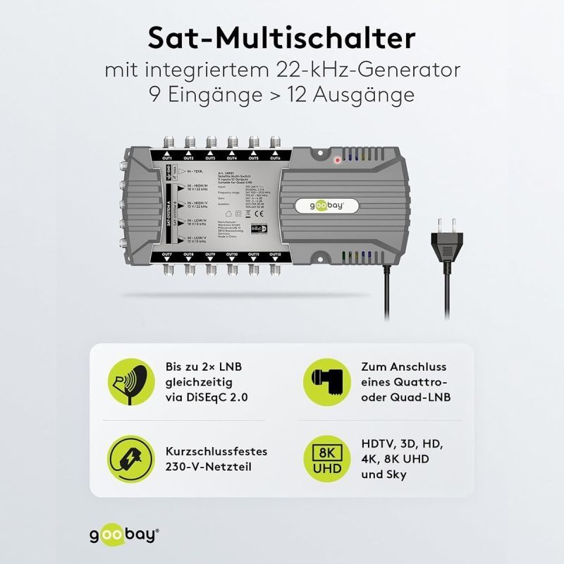 Goobay Sat-Multischalter 9/12 9in/12out silbergrau, Verteiler für max. 12Teilnehmer von 2 Satelliten