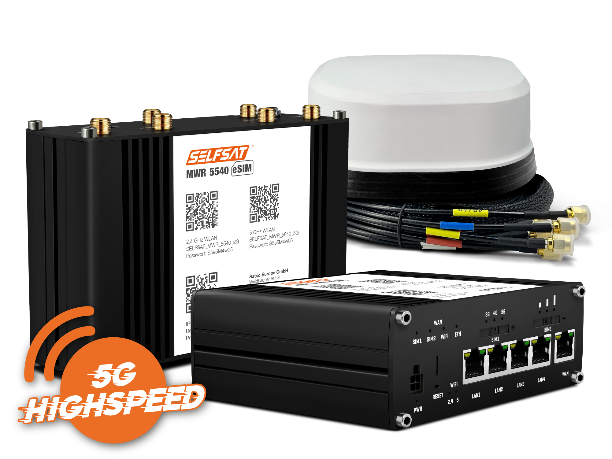 3700433897440 - SELFSAT MWR 5540 eSIM 5G Cat 12 WLAN Router bis 26 Gbps inkl SATCO 5G Antenne weiß