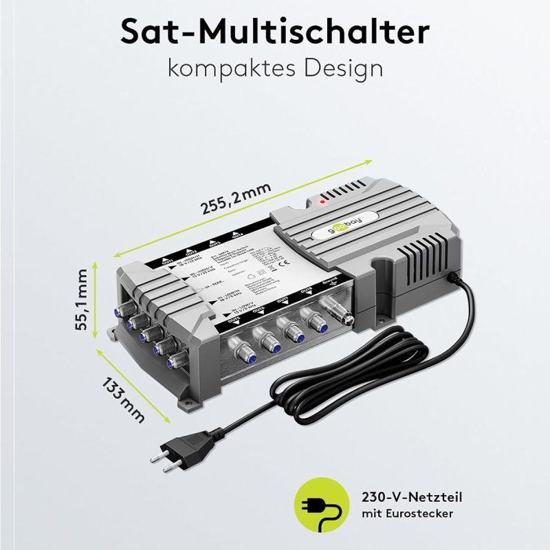 Goobay Sat-Multischalter 5/8 5in/8out silbergrau, Verteiler für max. 8 Teilnehmer von 1 Satelliten