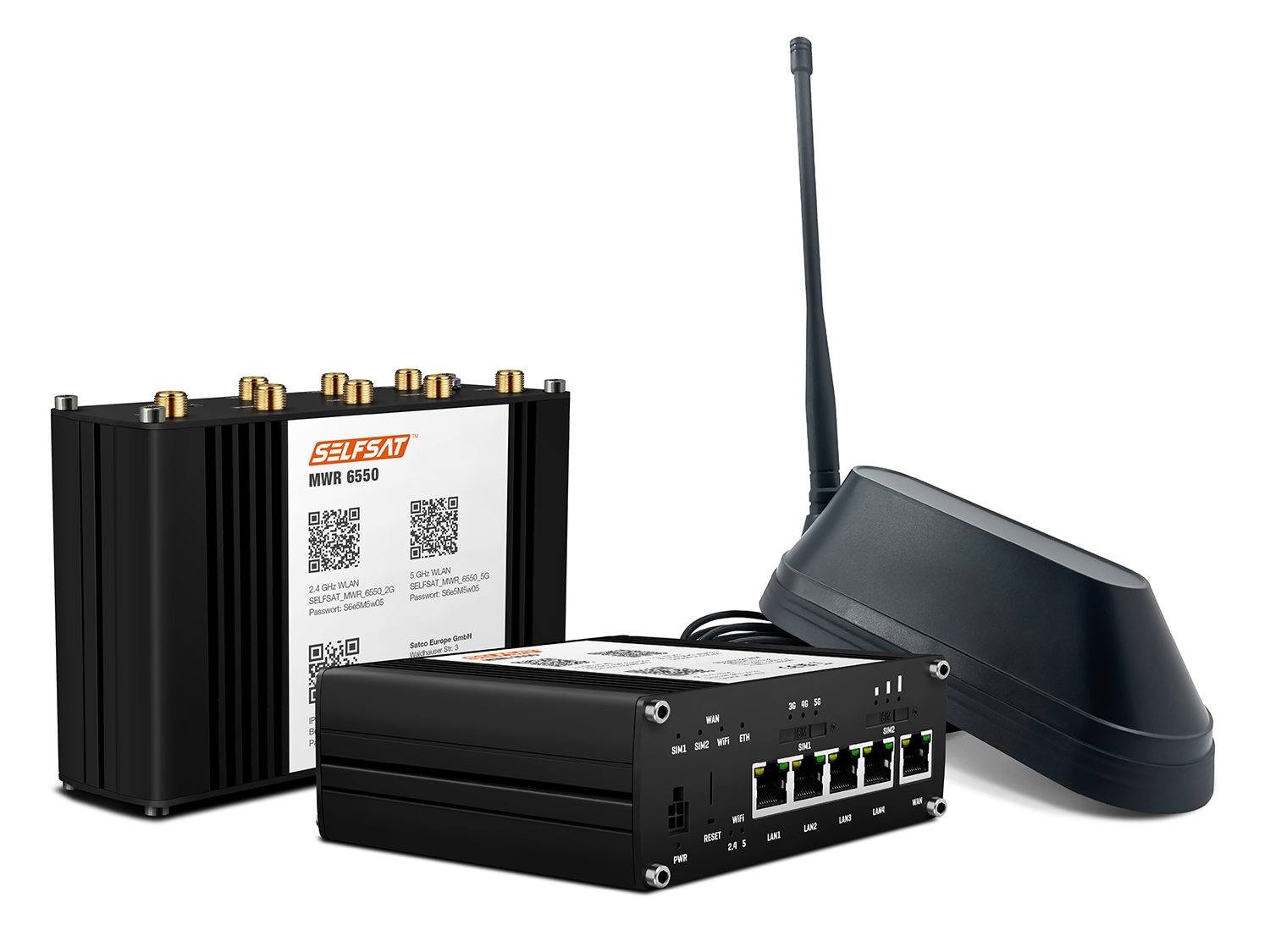 SELFSAT MWR 6550 5G Cat 19 WiFi 6 WLAN Router bis 3,4 Gbps inkl. SHARK 5G Antenne schwarz