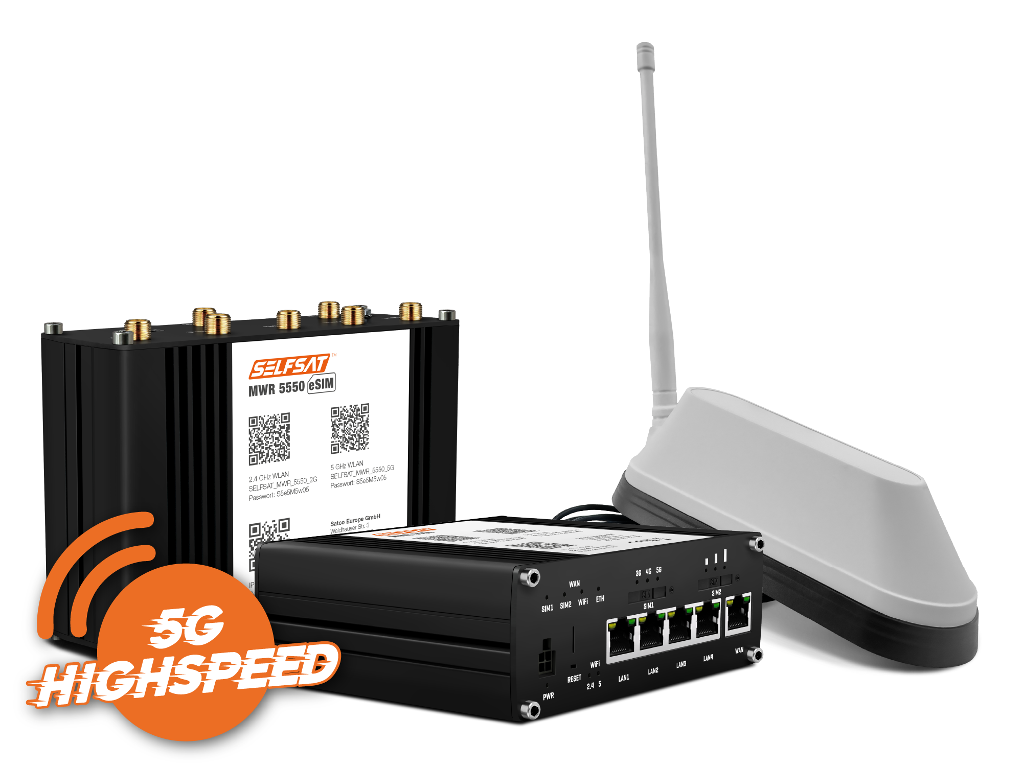 3700433897365 - SELFSAT MWR 5550 eSIM 5G Cat 20 WLAN Router bis 33 Gbps inkl SHARK 5G Antenne weiß