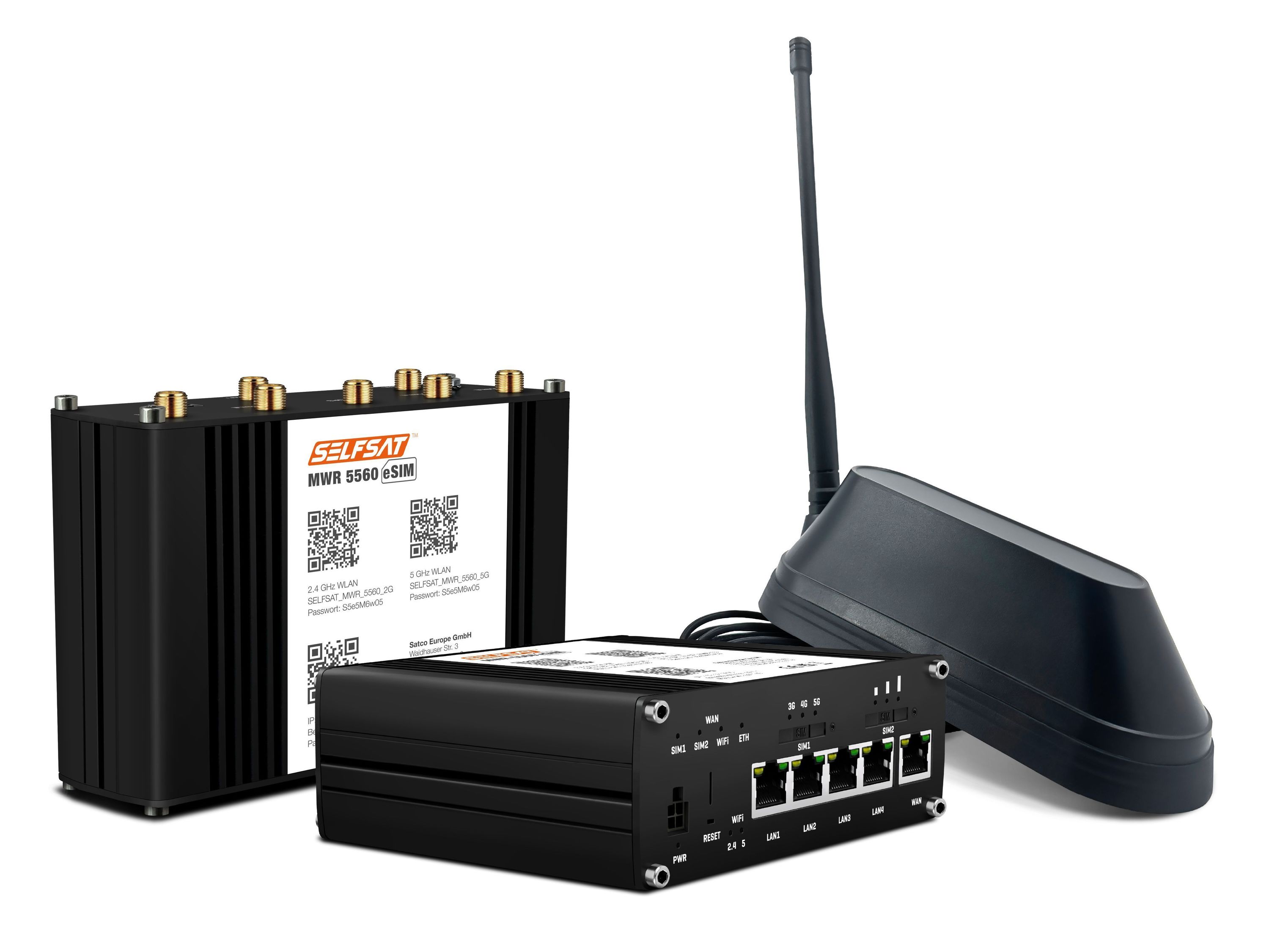 3700433897372 - SELFSAT MWR 5560 eSIM 5G Cat 20 WLAN Router bis 34 Gbps inkl SHARK 5G Antenne schwarz