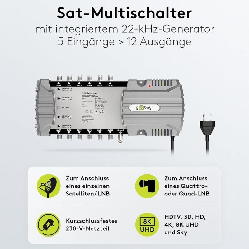 Goobay Sat-Multischalter 5/12 5in/12out silbergrau, Verteiler für max. 12Teilnehmer von 1 Satelliten
